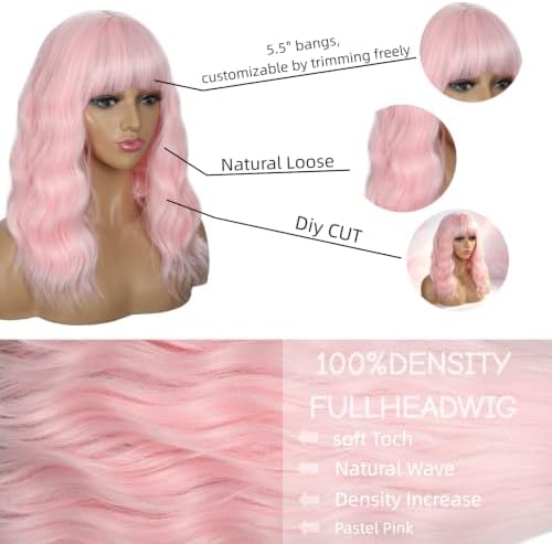 Sebast Pastel Bob Wigs with Bangs for Women Loose Wavy Wig Pastel Wavy Shoulder Length Bob Synthetic Cosplay Wig for Girl Colorful Costume Wigs (Pastel Pink) - Image 3