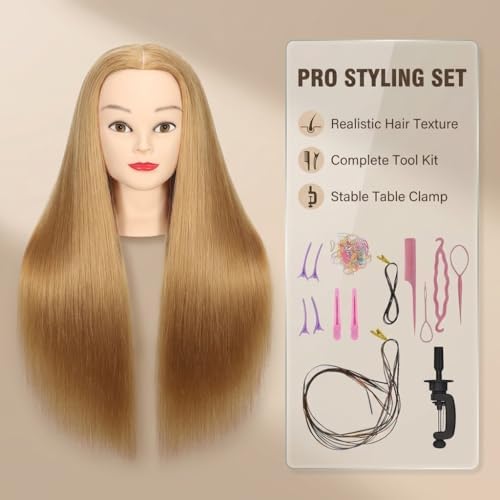 100% Real Hair Mannequin Head Training Head Manikin Cosmetology Doll Head for Hairdresser Practice Braiding Hair Styling with Clamp stand (26-28inch) - Image 2