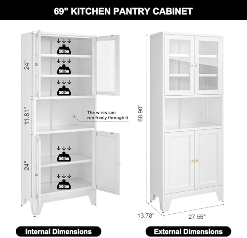 Bevivog 69" Pantry Cabinet,Tall Metal Storage Cabinet with 2 Glass Doors, Freestanding Display Cupboard Tall Bathroom Linen Cabinets with 5 Shelves Storage for Living Room Kitchen Pantry - Image 2