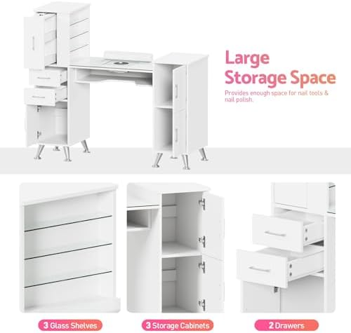 Kikihouse Nail Desk Manicure Table with Dust Collector & Glass Top (White) - Image 6