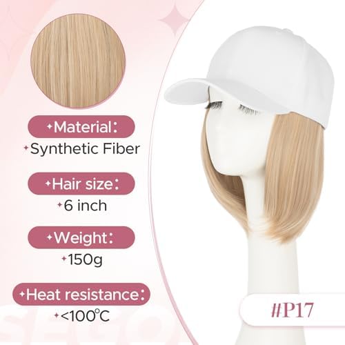 SEGO Baseball Cap with Hair Extensions for Women Synthetic Hair Attached Short Straight Hairpiece White Baseball Cap Wig Adjustable Hat Wigs for Women 6 Inch 85P613 Light Blonde Mix Bleach Blonde - Image 5
