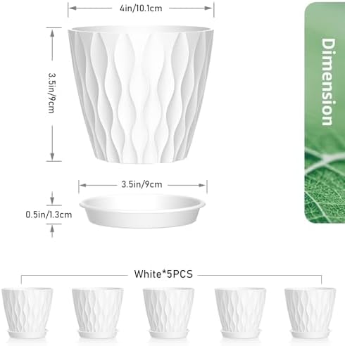 Meowell 4 inch Small Plastic Nursery Pots, 5 Pack Water Ripples Plant Pots for Indoor Plants, Flower Pots with Drainage Holes and Saucers, Seedling Starter Planters for Succulent Plants, White - Image 2
