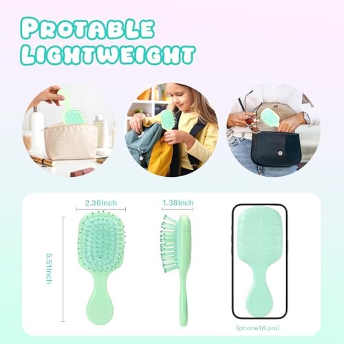 Mini Hair Bursh for Women Men and Kids, Protable Travel Size Hair Brush for Pockets Purses, Mini Detangler Brushes for All Hair Types, Small Paddle Brush for Detangling(Green) - Image 2