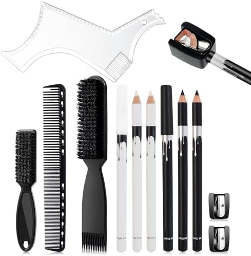 DUAIU 12Pcs Beard Shaper Tool Kit for Men Grooming, White Black Barber Pencil for Lineup Edging with Sharpener, Hairline Beard Guide Shaping Barber Comb Clipper Cleaning Brushes Hair Combs Set by DUAIU
