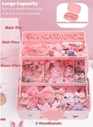 ZOOFOX Hair Accessories Organizer for Girls, Cute Cartoon Pink 3-Tier Storage Box with Handle and Lock, Multi-Purpose Case for Hair Bows, Clips, Scrunchies, Jewelry and Crafts - Image 3