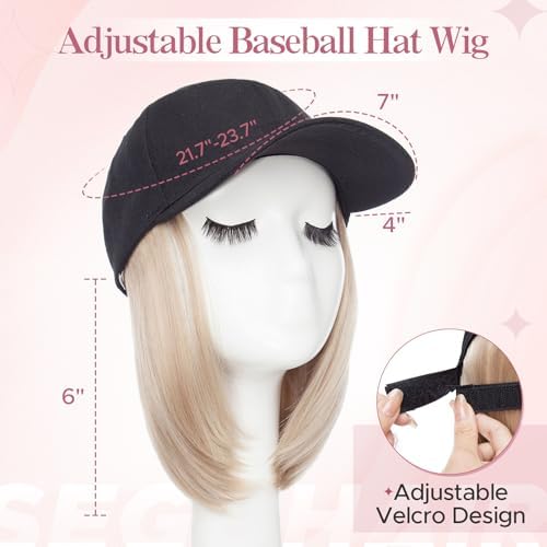 SEGO Baseball Cap with Hair Extensions for Women Heat Resistant Synthetic 6" Adjustable Short Straight Hairpiece Replacement Wigs in Black Hat for Girls 16P613 Ash Blonde Mix Bleach Blonde - Image 3