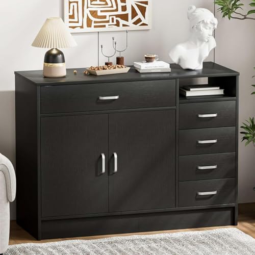 5-Drawers Salon Furniture Salon Storage Station, Free Standing Cabinet for Hair Stylist, Beauty Spa Furniture w/1 Large Capacity Cabinet & 1 Open Shelf, Spa Bathroom Equipment, Black by TTGIEET