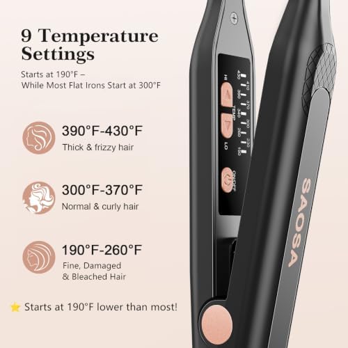 SAOSA Mini Pencil Flat Iron for Short Hair - 0.3" Ultra-Thin Hair Straightener & Curler, 9 Temp (190°F-430°F), Ceramic Tourmaline, Fast 30s Heat Up, Travel Kit with Pouch & Glove, Dual Volt(Rose Gold) - Image 2