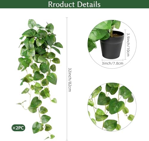 Fake Pothos Hanging Plant - Set of 2 Artificial Plants Indoor with Pots, Silk Faux Greenery Ivy for Outdoor, Fake Potted Plants for Wall Farmhouse Room Decor, Green 33In - Image 2