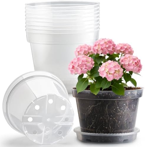 10 Pack 10 Inch Clear Nursery Pots with Saucers, Transparent Sturdy Plastic Plant Pots, Large Gardening Pots with Drainage Hole, Planting Starter Pot for Indoor Outdoor Flowers Herbs Vegetables by RooTrimmer