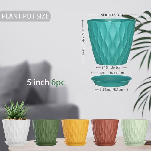 5 Inch Planter Pots, 6 Pack Indoor Planters, Small Flower Pots with Drainage Holes and Tray for Succulents, Orchids, Herbs and Other Indoor Plants (Multicolor, 5inch) - Image 2