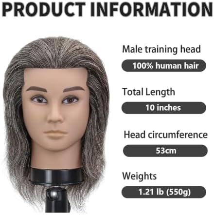 12 Inch Male Barber Mannequin Head, Salt Pepper Ash Gray White 100% Human Hair Training Head with Clamp Stand - Image 3