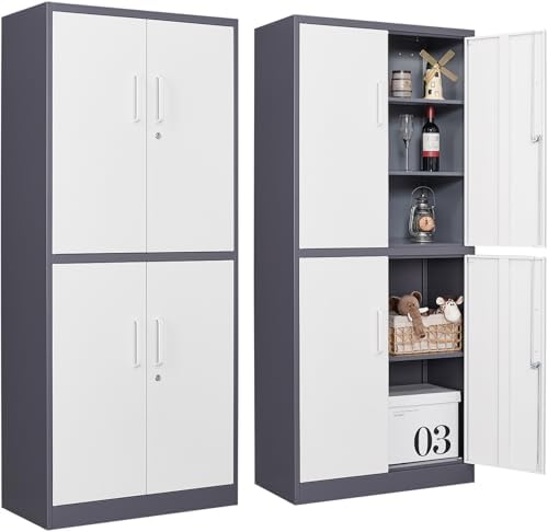 SISESOL Storage Cabinets with Doors and Shelves, 71'' Metal Garage Cabinet Locking, Adjustable Layers for Home Gym, Bathroom, Kitchen, Office, Gray White by SISESOL