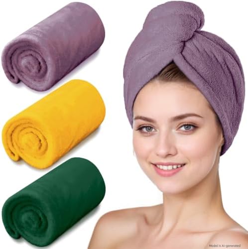 Hair Drying Towel 3 Pack - Ultra Soft Microfiber Turban Twist Hair Wrap for Women - Super Absorbent, Quick Dry Hair Towel Cap for Wet Hair (3 Colors, Yellow Green & Purple) by YHPDYL