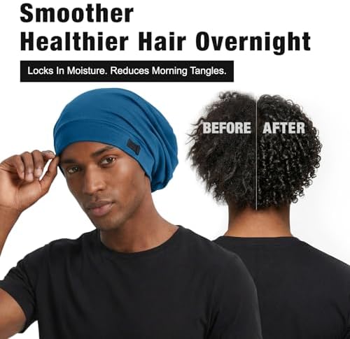 2PCS Silk Bonnet for Sleeping for Hair, Satin Lined Sleep Cap for Women Men, Adjustable Beanie Hair Wrap (05 Black/Navy Blue) - Image 3