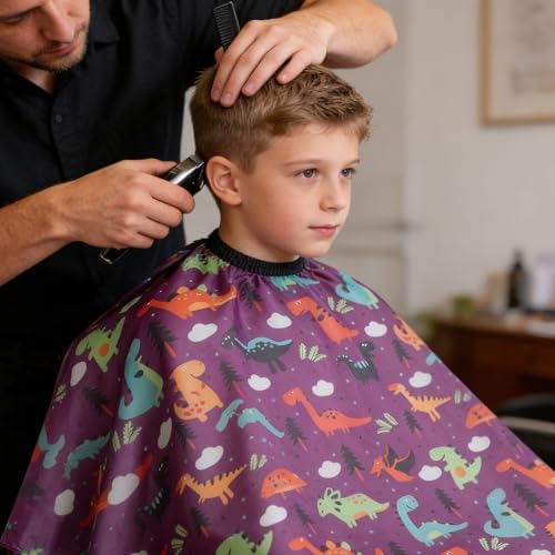 Gealaek Kids Haircut Cape and Neck Duster Brush Set with Dinosaur Pattern Kids Barber Cape 55x40 Inches for Boys & Girls Salon Cape Kit (Purple) - Image 3