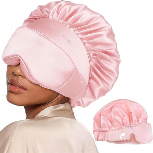 LC-dolida Satin Silk Bonnet for Sleeping Women Men, 2-in-1 Adjustable Hair Bonnet for Curly & Natural with Sleep Mask, Reduce Frizz, Lock in Moisture, Prevent Breakage and Tangles(Blush) by LC-dolida