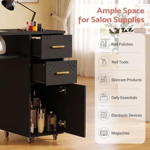Manicure Table Nail Desk with Dust Collector & Wheels (Black) - Image 5
