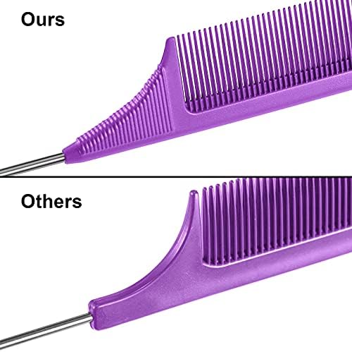 Leinuosen 3 Pack Rat Tail Comb Carbon Fiber,Purple, Orange, Yellow - Image 4
