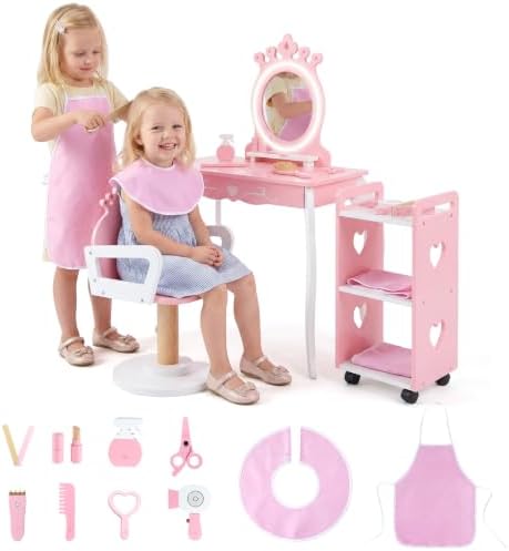 Costzon Kids Hair Salon Play Set with LED Lighted Mirror, Wooden Pretend Hair Salon Station w/Swivel Barber Chair & Rolling Cart, 10 Accessories Included, Makeup Vanity Set for 3-7 Years Old Children by Costzon