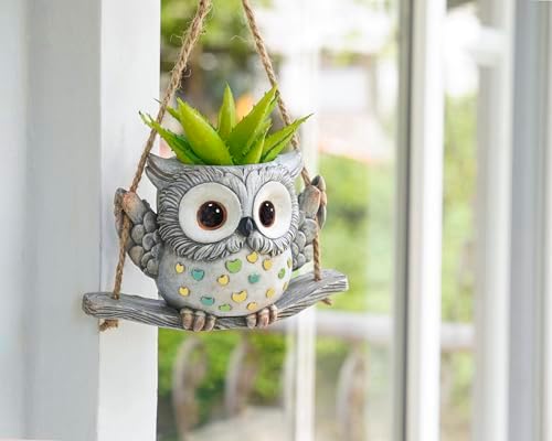 Swing Owl Hanging Planters for Indoor Plants, Cute Small Succulent Pots with Drainage Hole, Unique Resin Plant Hangers Outdoor, Hanging Plant Holder for String Of Pearls, Gift Ideas for Mother - Image 3