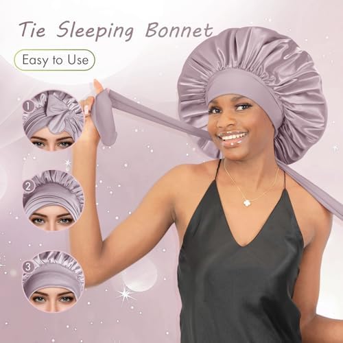 BONNET QUEEN XL Large Silk Bonnet for Sleeping for Women Big Satin Bonnet Night Cap for Curly Hai rwith Tie Band, Single Layer, Large, Rose Gold - Image 4