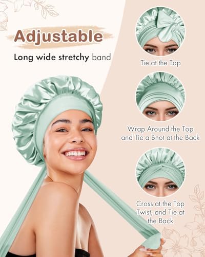 BONNET QUEEN Small Double Layer Silk Bonnet for Sleeping for Women Satin Bonnet Night Cap for Short Thin Hair with Tie Band,Sage Green - Image 4