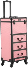 OmySalon Rolling Makeup Train Case with 3 Drawers, Cosmetology Case on Wheels w/Pull Handle and Removable Wheels, Large Cosmetic Organizer Storage Box for Nail Tech, Makeup Artist, Hairstylist(Pink) by OmySalon