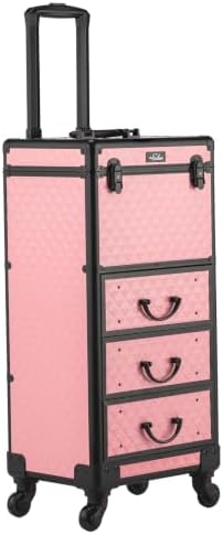 OmySalon Rolling Makeup Train Case with 3 Drawers, Cosmetology Case on Wheels w/Pull Handle and Removable Wheels, Large Cosmetic Organizer Storage Box for Nail Tech, Makeup Artist, Hairstylist(Pink) by OmySalon