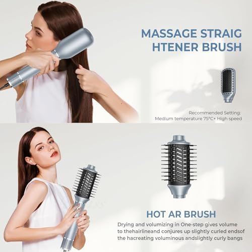Hair Dryer Brush, 5 in 1 Blow Dryer Brush Set, High Speed Hot Air Styler, Auto Wrap Curlers for Frizz-Free Volume, Smooth Hair Damage Hair Styling Tools Gift for Drying Curling Straightening Silver - Image 3