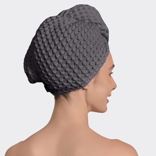 Luxury Organic Japanese Cotton Hair Drying Waffle Towel Wrap for Women | Absorbent, Quick-Dry Head Turban for Shower, Sauna, Spa | Extra Large for Long, Curly, Straight Hair With Button (Grey, 2 Pc) - Image 3