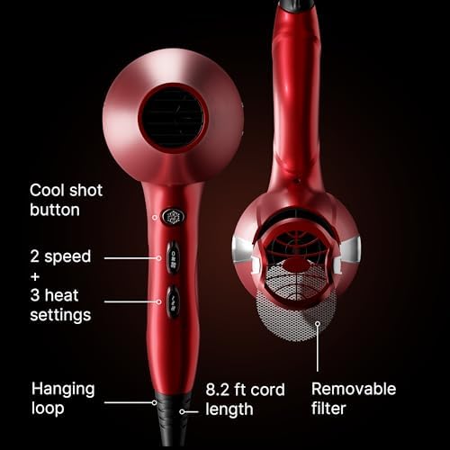 TREZORO Professional Hair Dryer with 2 Concentrator Nozzles, 2000W, Red - Image 4
