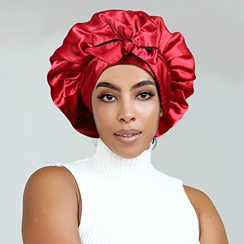 Satin Bonnet Silk Sleep Cap Hair Bonnets for Black Women Stretchy Tie Band for Curly Hair Wrap(Black+Red) - Image 2