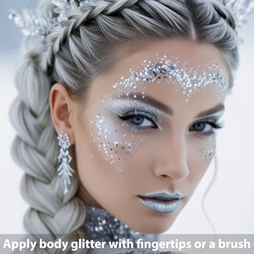 Mysense Silver Body Glitter Stick,Face Hair Glitter Makeup,Sparkling Mermaid Sequins Chunky Glitter Face Paint,Singer Concert Outfit Festival Rave Accessories for Women and Kids - Image 6