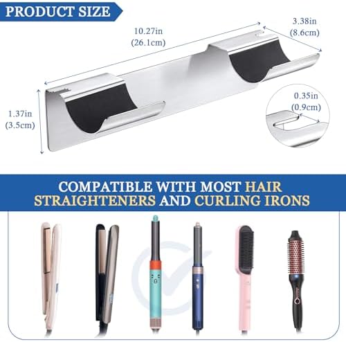 2 PCS Wall Mount Curling Iron Holder and Hair Tool Organizer with Adhesive, Multifunctional Hot Flat Iron and Hair Straightener Holder Storage Stand for Vanity, Cabinet and Wall, Silver - Image 2