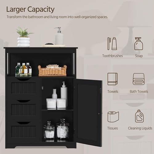 Yaheetech Large Freestanding Bathroom Storage Cabinet with 3 Drawers, Black - Image 6