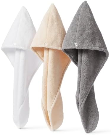 Amazon Basics Quick Dry Microfiber Hair Towel Wrap, Hair Drying Towel, White/Beige/Grey, 3-Pack by AmazonBasics