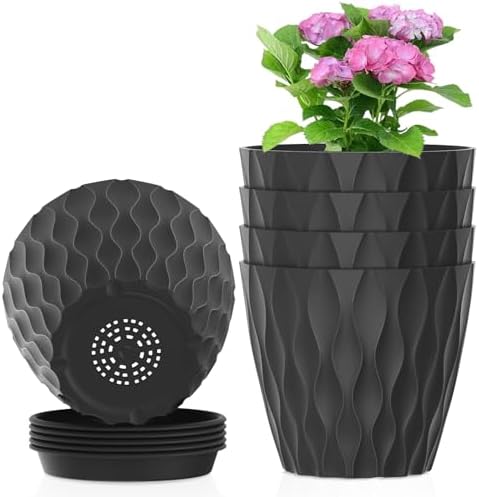 Meowell 4 inch Small Plastic Nursery Pots, Seedling Pots, 5 Set Water Ripples Plant Pots for Indoor Plants, Flower Pots with Drainage Holes and Saucers, Seed Starter Pots for Succulent Plants, Black by Meowell