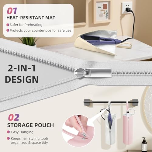2-in-1 Heat Resistant Mat & Bag for Hair Styling Tools, Hanging Curling Iron Holder Flat Iron Holder with Zip, Portable Hot Hair Tools Travel Bag, Hair Straightener Mat Pouch for Countertop - Image 3
