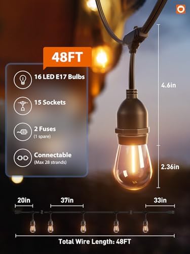 addlon LED Outdoor String Lights 48FT with Edison Vintage Shatterproof Bulbs and Commercial Grade Weatherproof Strand - ETL Listed Decorative Lights for Patio Garden (Pack of 2) - Image 6