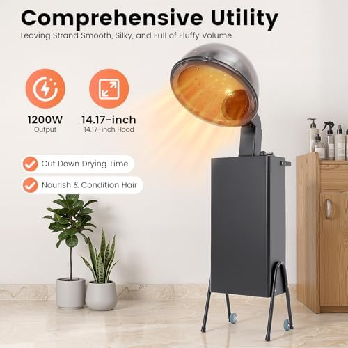 Salon Hooded Hair Dryer with Stand, 1200W Portable Hooded Standing Salon Dryer with 60-Minute Timer and 3 Temp Settings, Freestanding Hair Dryers Machine for Homes Beauty Salons - Image 2