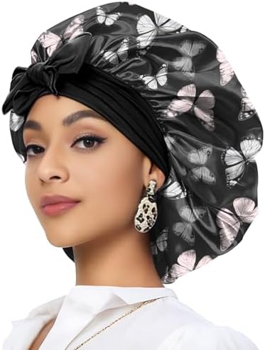 Satin Hair Braid Bonnet for Sleeping Double Layer Elastic Wide Soft Tie Band Hair Silk Lined Sleep Cap Women Girls by Deokke