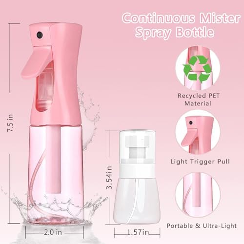 3 Pack Spray Bottles, 2-Pack Continuous Spray Bottles,Fine Water Mist Spray Bottles for Hair 6.8 OZ (200 ML) and 1oz 30ml Travel Spray Bottle Mister for Cleaning,Hairstyling,Plants,Pets Pink Black - Image 2