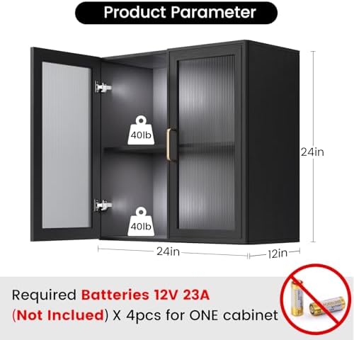 Furnaza Black LED Wall Storage Cabinets with Adjustable Shlelf - Image 2