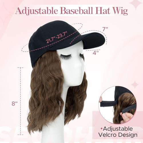 SEGO Hat with Hair Baseball Cap with Hair Extensions for Women Heat Resistant Synthetic 8" Adjustable Long Curly Hairpiece Replacement Wigs in Black Hat for Girls 10A Light Brown - Image 3