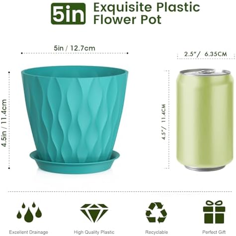 Meowell 5 inch Plant Pots for Indoor Outdoor Plants, 6 Pack Flower Pots with Drainage Holes and Saucers, 3D Modern Wave Texture Small Plastic Planter Pots for Nursery and House Plants, Blue Green - Image 2