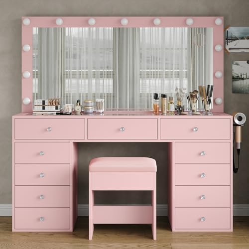 Yanosaku 11 Drawers Makeup Vanity with Charging Station, Vanity Desk with 13 LED Bulbs and HD Mirror, 3 Color Brightness Adjustable, Glass Top Vanity Set for Bedroom, Pink - Image 3