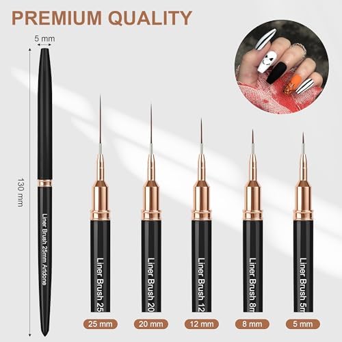 Artdone Metallic Nail Art Pens, Liner Brushes Set, 5PCS Black Nail Tools - Image 2