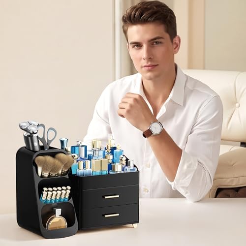 HBlife Cologne Organizer for Men Makeup Organizer with Brush Holder for Vanity, Large Plastic Bathroom Countertop Organizer Skin Care Storage, Fathers Day Gift for Dad Husband, All Black - Image 6
