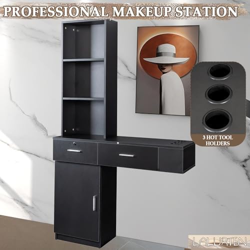 Salon Station Wall Mount Barber Station Salon Stations for Hair Stylist with Appliance Holders Hair Salon Station with Lockable Drawers Salon Cabinet with 3 Shelves for Beauty Spa (Black) - Image 4